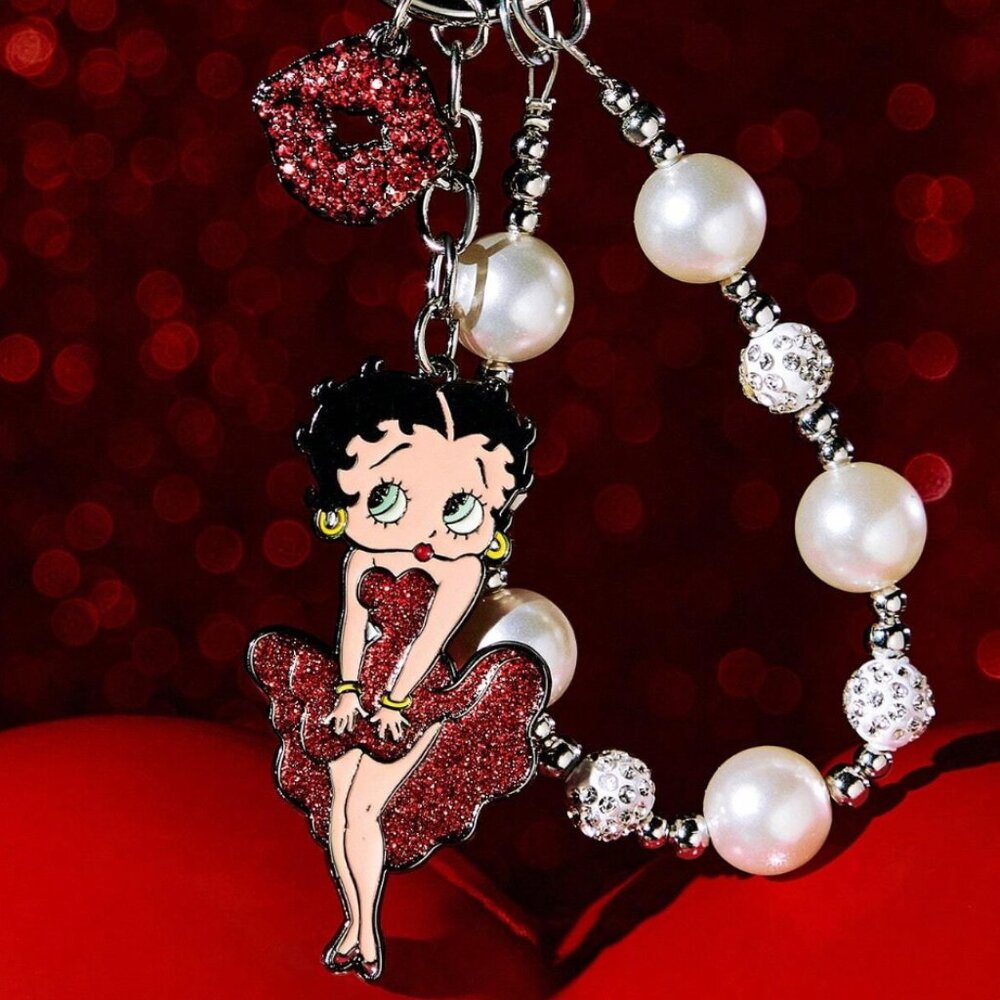Betty Boop Glitter Red Dress Keychain with Pearls & Lips Charm